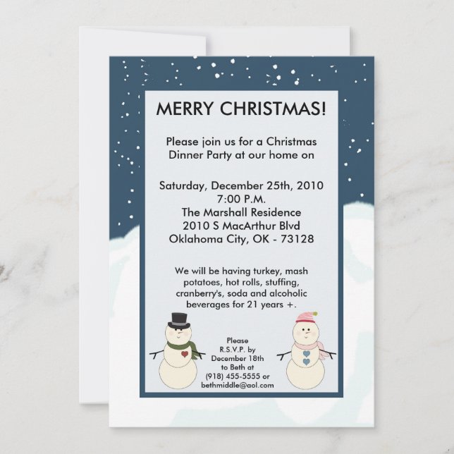 5x7 Blue Snowman Snow Christmas Party Invitation (Devant)