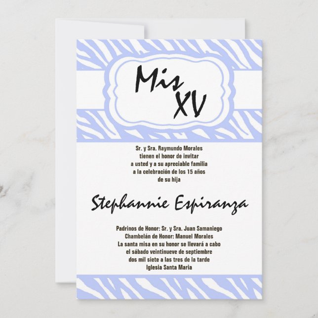 5x7 Blue Zebra Imprimer Quinceanera 15 Invitation (Devant)