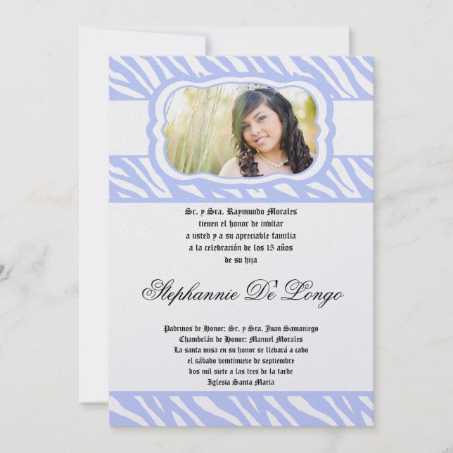 5x7 Blue Zebra Print Patter Quinceanera Invitation (Devant)