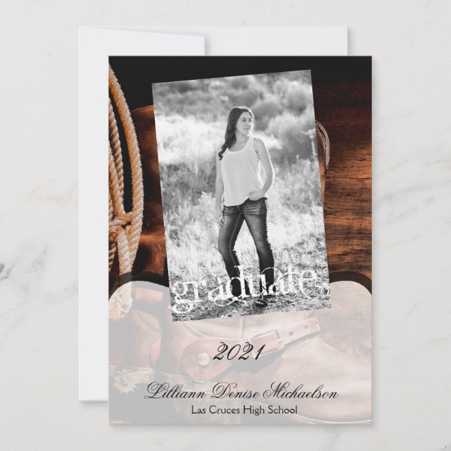 5x7 Boots de Cowboy Senior Faire-part Barre Bois R (Devant)