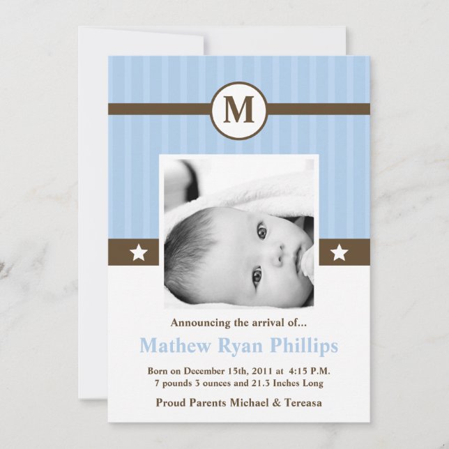 5x7 Boy Blue Monogram Faire-part de naissance PHOT (Devant)