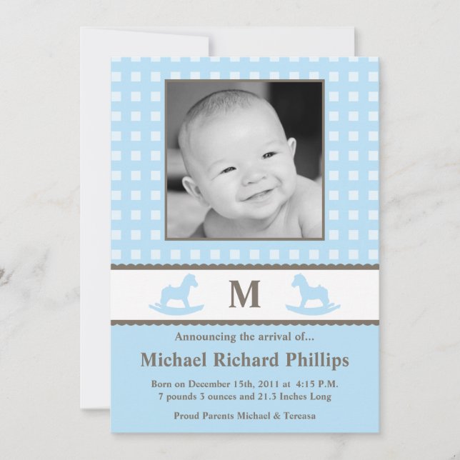 5x7 Boy Blue Monogram Faire-part de naissance PHOT (Devant)