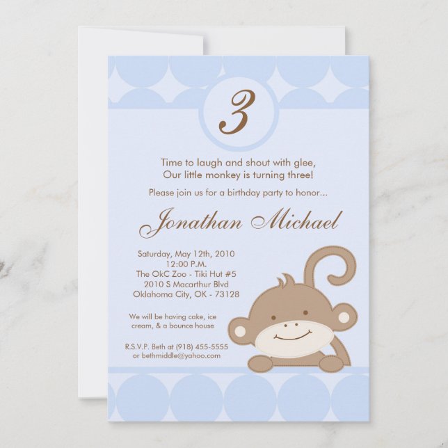 5x7 Boy Blue PolkaDot Monkey Invitation d'annivers (Devant)