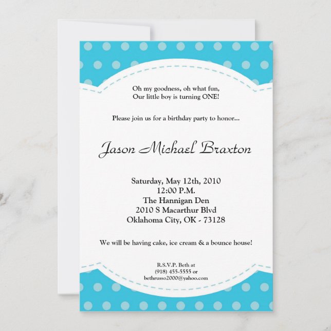 5x7 Boy Blue Polkadot Poke Invitation d'anniversai (Devant)