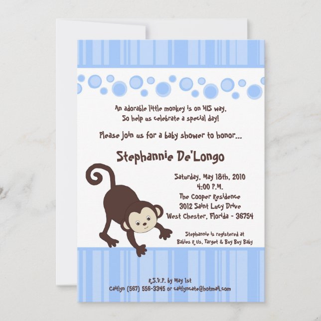 5x7 Boy Blue Pop Monkey Baby shower Invitation (Devant)