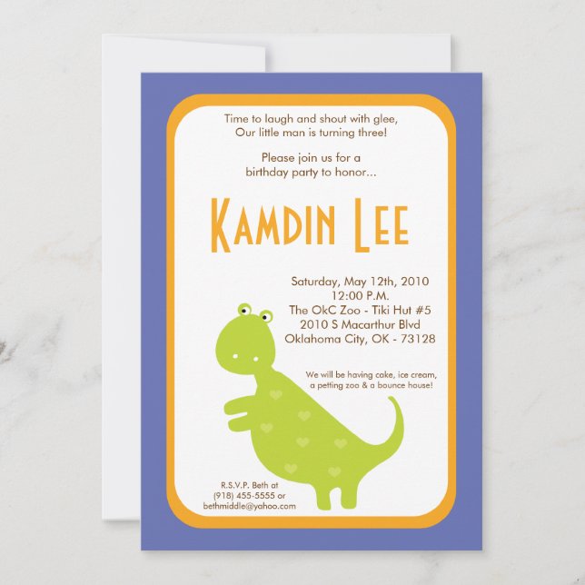5x7 Boy Dinosaur Dino Invitation Anniversaire (Devant)