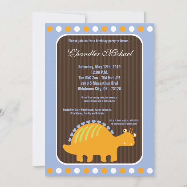 5x7 Boy Dinosaur Dino Invitation de fête d'anniver (Devant)