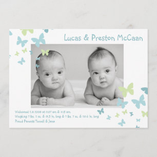 5x7 Boy Twins Butterfly Photo Faire-part de naissa