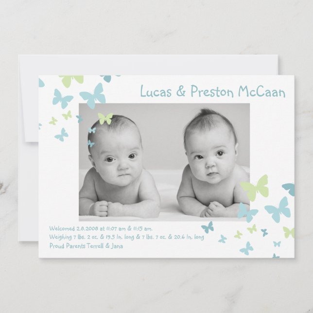 5x7 Boy Twins Butterfly Photo Faire-part de naissa (Devant)