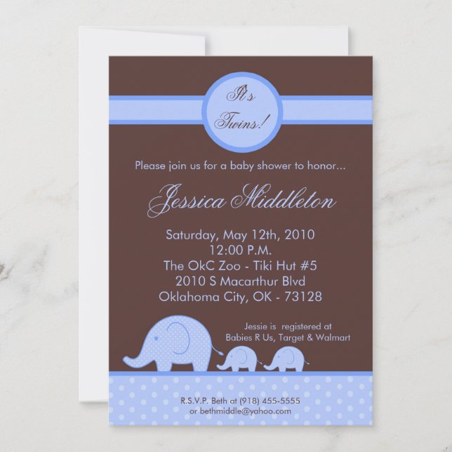 5x7 Boy Twins Mod Elephant Baby shower Invitation (Devant)
