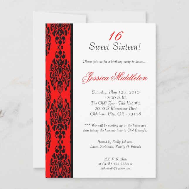 5x7 Brite Red Damask Invitation de fête d'annivers (Devant)