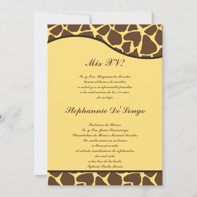 5x7 Brown Giraffe Jaune Quinceanera Invitation de  (Devant)