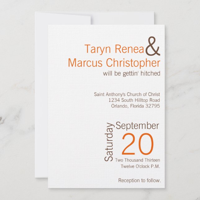 5x7 Brown moderne Orange Faire-part de mariage Che (Devant)