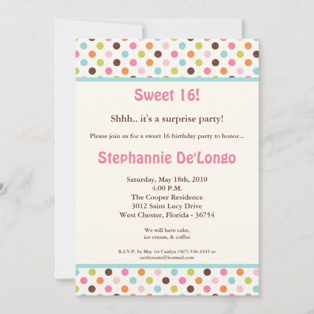 5x7 Bubblegum PolkaDot Sweet16 Invitation d'annive (Devant)