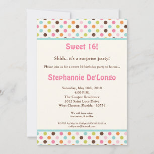 5x7 Bubblegum PolkaDot Sweet16 Invitation d'annive