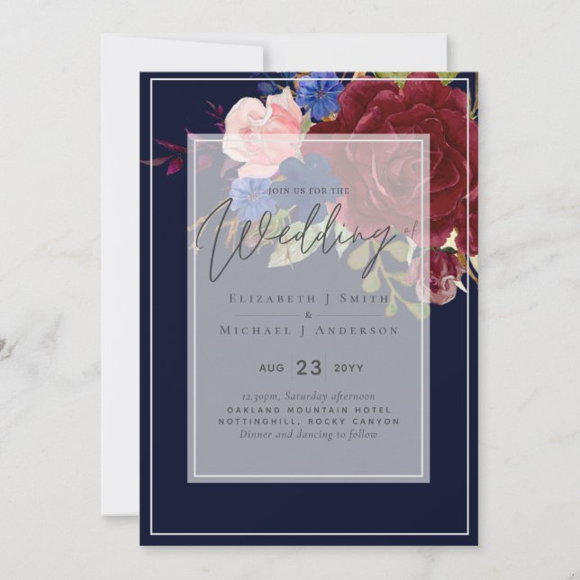 5x7 Burgundy Blue Rose Floral Invitations de maria (Devant)