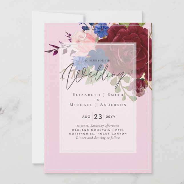 5x7 Burgundy Blue Rose Floral Invitations de maria (Devant)