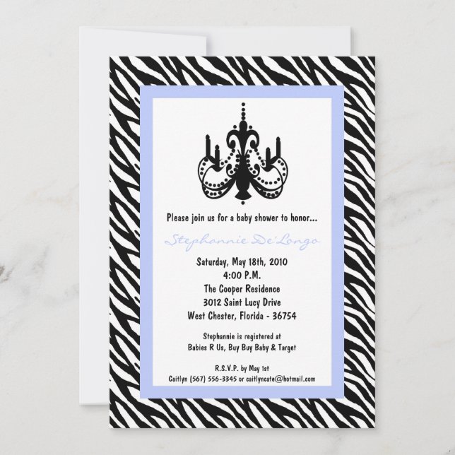 5x7 Chandelier bleu Zèbre Baby shower Invitation (Devant)
