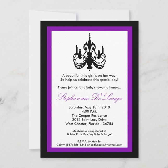 5x7 Chandelier Royal Purple Baby shower Invitation (Devant)