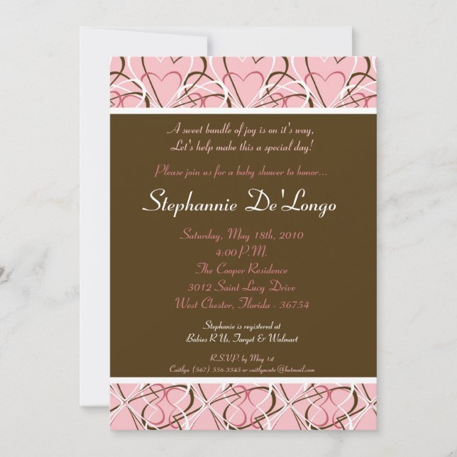 5x7 Coeurs rose et Brown Invitation Baby shower (Devant)