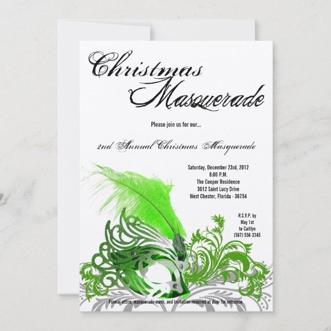 5x7 Crimson Green Masquerade Noël Invitation (Devant)