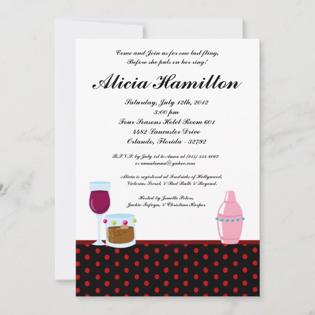 5x7 Crimson Red Cocktails Bachelorette Invitation (Devant)