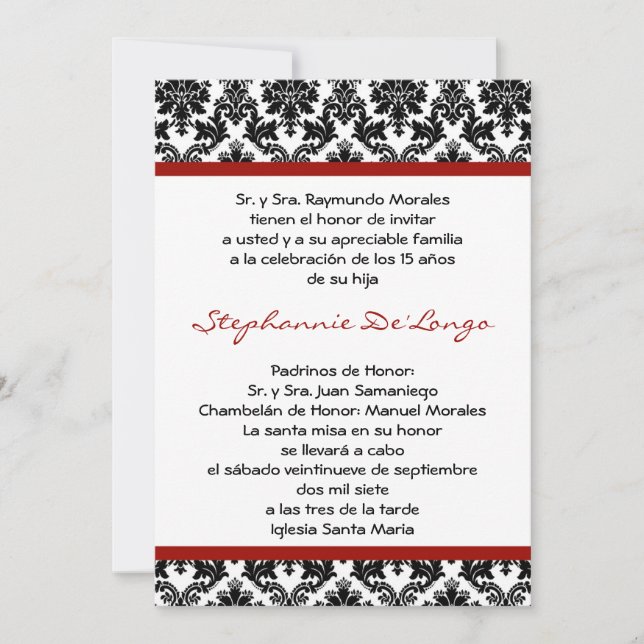 5x7 Crimson Red Damask Quinceanera Invitation (Devant)