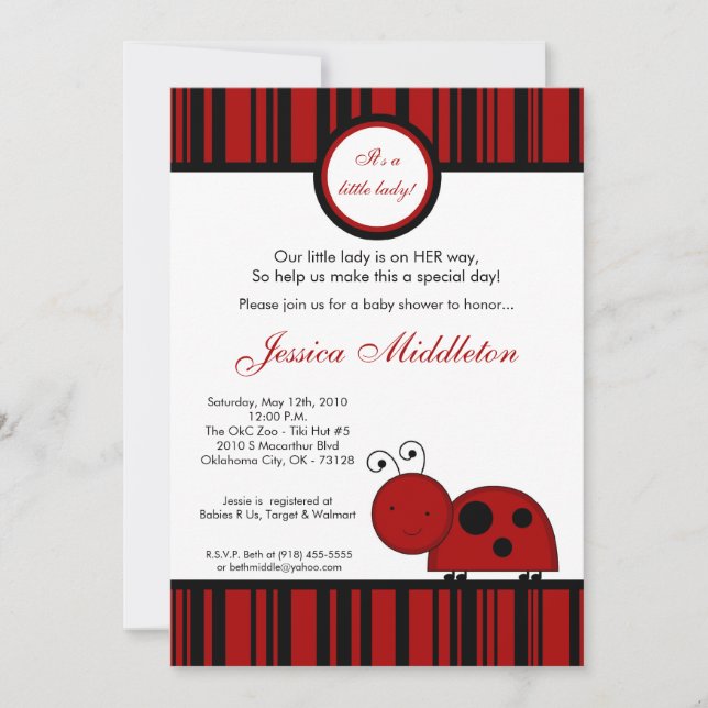 5x7 Crimson Red Lady Bug Baby shower Invitation (Devant)