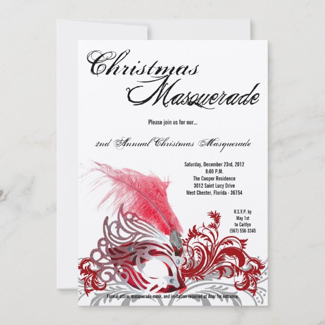 5x7 Crimson Red Masquerade Noël Invitation (Devant)