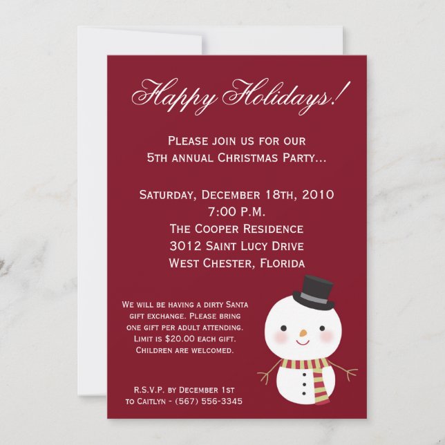 5x7 Crimson Red Snowman Christmas Party Invitation (Devant)