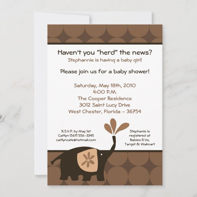 5x7 Cute Brown Elephant Baby shower Invitation (Devant)