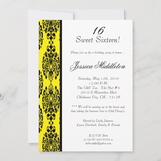 5x7 Dark Yellow Damask Invitation de fête d'annive (Devant)