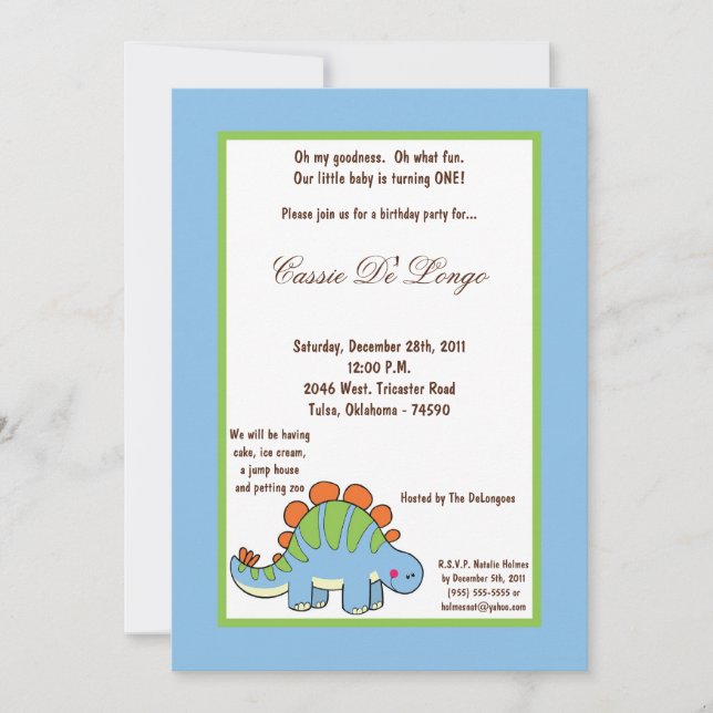 5x7 Dinosaur Invitation de fête d'anniversaire (Devant)