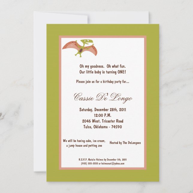 5x7 Dinosaur Invitation de fête d'anniversaire (Devant)