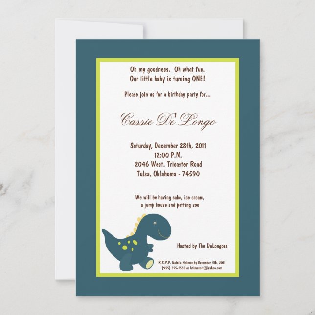 5x7 Dinosaur Invitation de fête d'anniversaire (Devant)