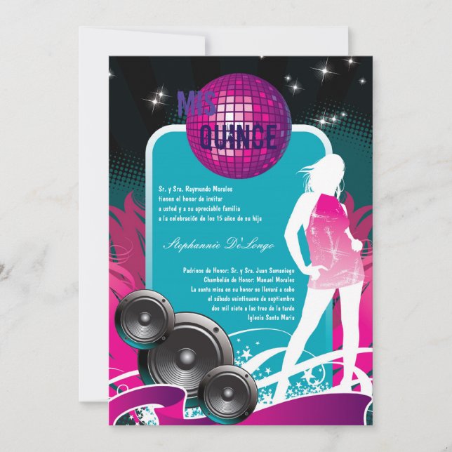 5x7 DJ Dance Party Girl Quinceanera Invitation (Devant)