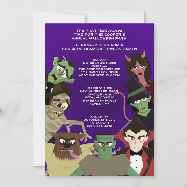5x7 DraculaMonster Halloween Bash Party Invitation (Devant)