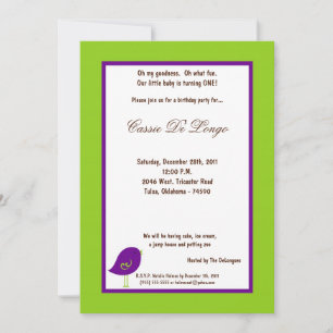 5x7 Elec Green Bird Invitation de fête d'anniversa