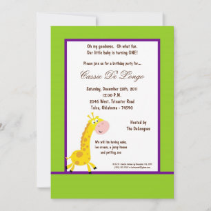 5x7 Electric Green Giraffe Invitation de fête d'an