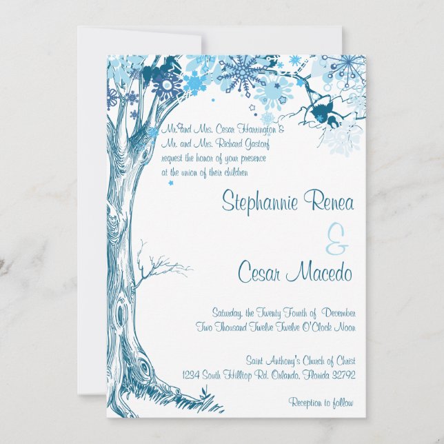 5x7 Faire-part de mariage Arbre Bleu Flammes de ne (Devant)
