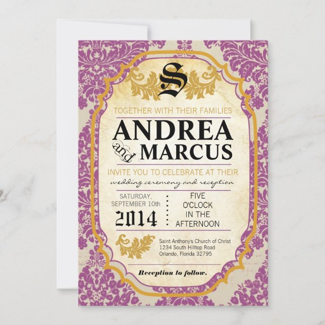 5x7 Faire-part de mariage de dentelle violette (Devant)