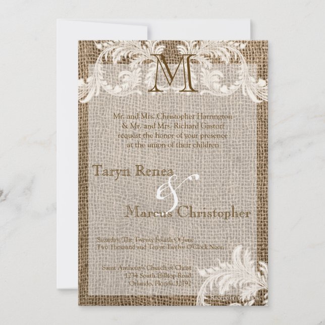 5x7 Faire-part de mariage de monogrammes de Burlap (Devant)