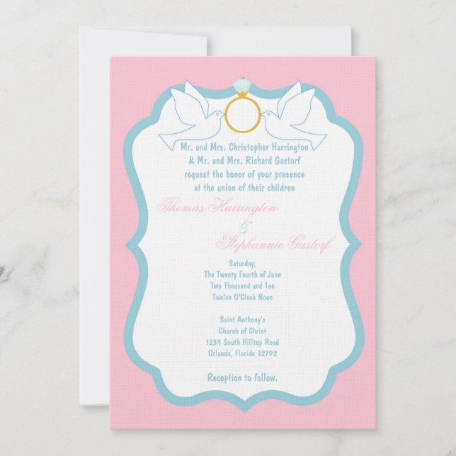 5x7 Faire-part de mariage diamant de colombe rose (Devant)