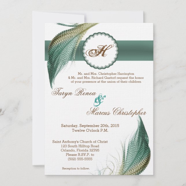 5x7 Faire-part de mariage d'oiseaux de plume de ca (Devant)
