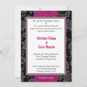 5x7 Faire-part de mariage noir floral Hot Pink Str