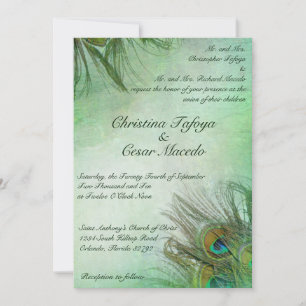 5x7 Faire-part de mariage Peacock Green Feathers