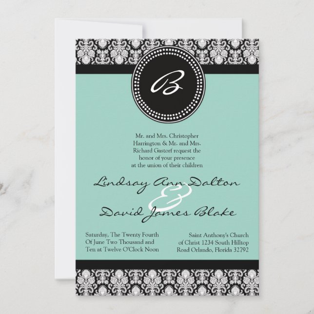 5x7 Faire-part de mariage Turquoise et noir Damas (Devant)