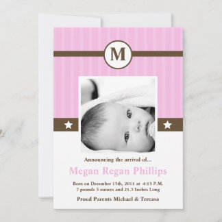 5x7 Faire-part de naissance PHOTO Monogramme rose