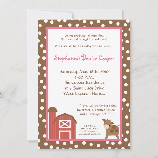 5x7 Farm Red Barn Cow Invitation de fête d'anniver (Devant)