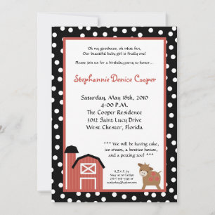 5x7 Farm Red Barn Cow Invitation de fête d'anniver
